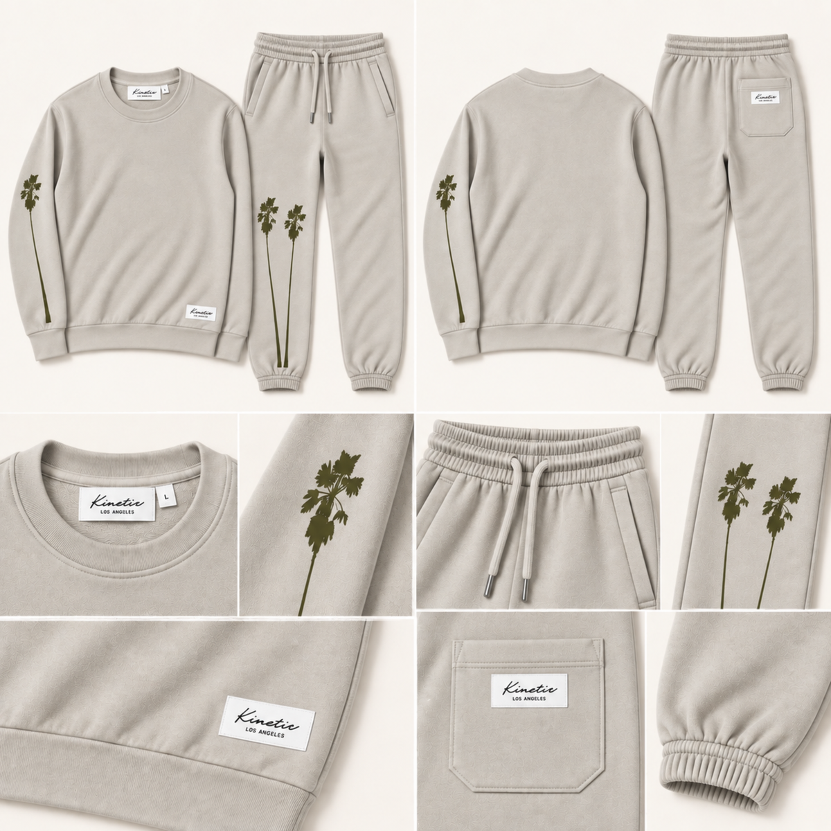 Beach Palm Tree Crew Sweatsuit (Light Gray with Forest Green Print)