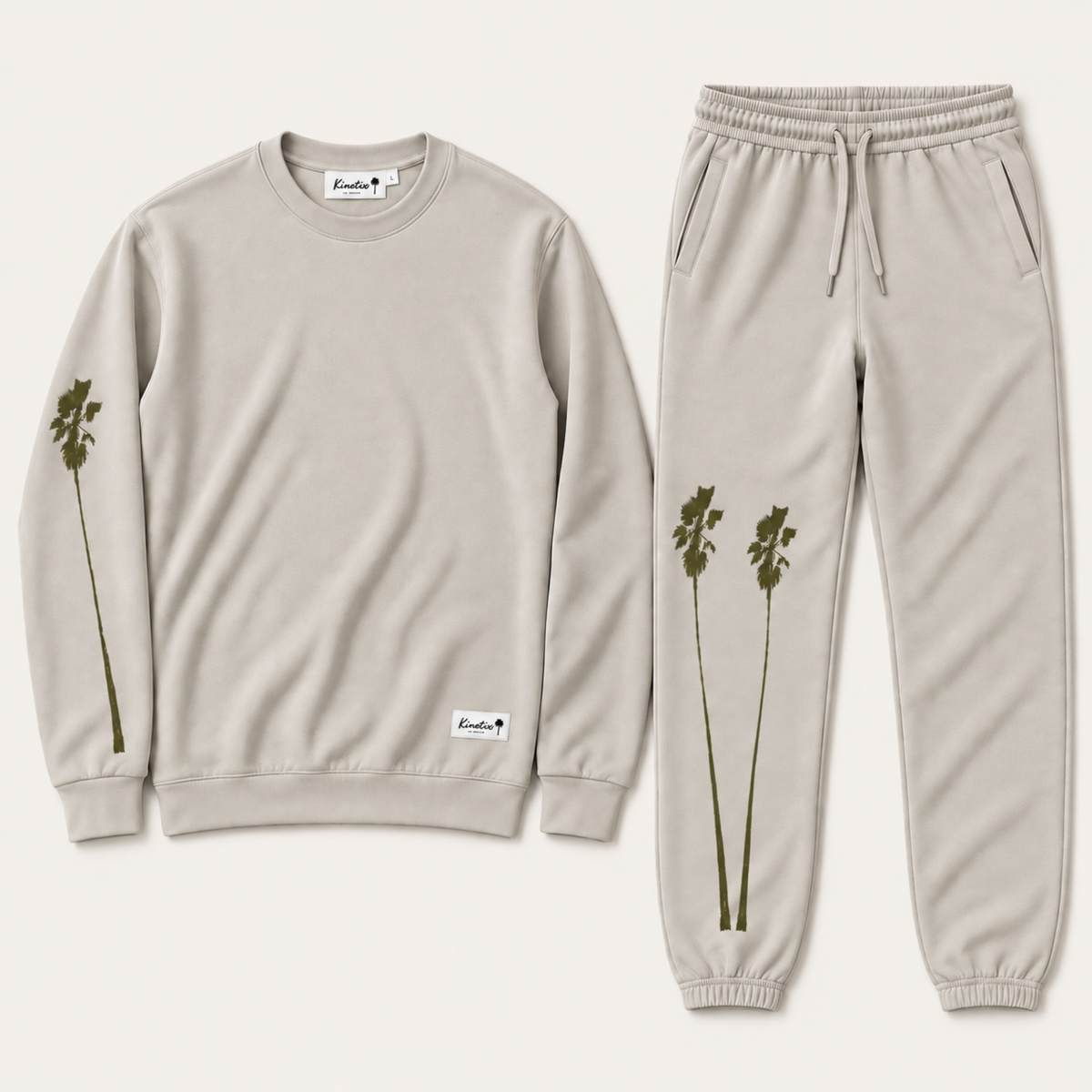 Beach Palm Tree Crew Sweatsuit (Light Gray with Forest Green Print)