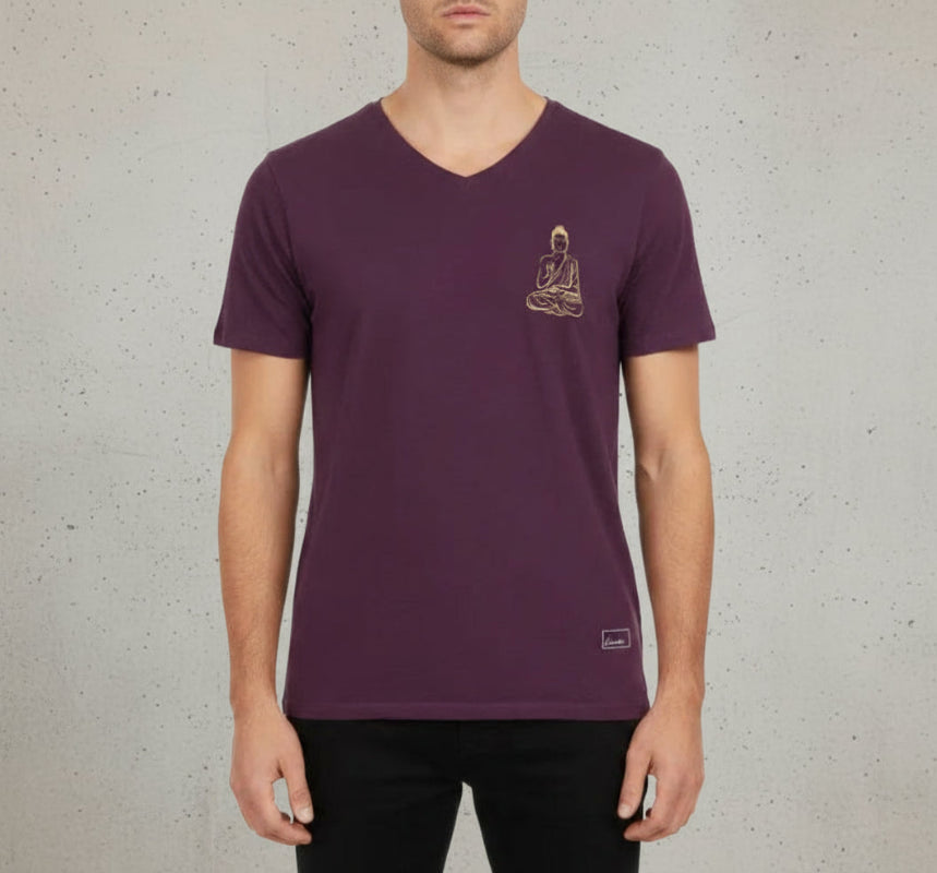 Zen Buddha on our 4 Corners V-neck (Plum)