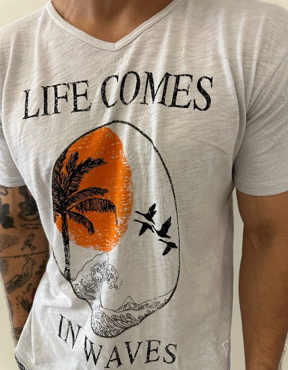 "LIFE COMES IN WAVES" on 4 Corners V-neck (Lite Grey) 100% USA COTTON