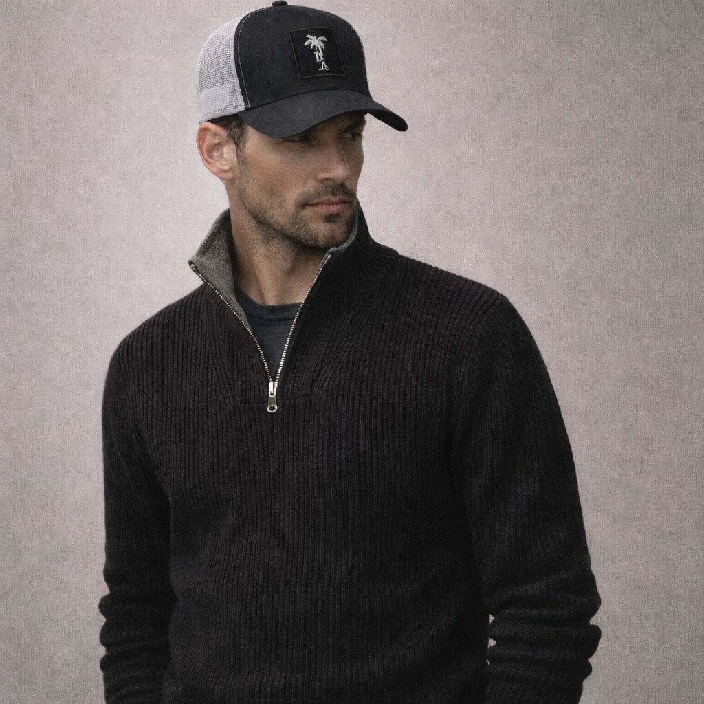 Newport Zip Long Sleeve (Raven Black with Steel Gray Interior Collar)