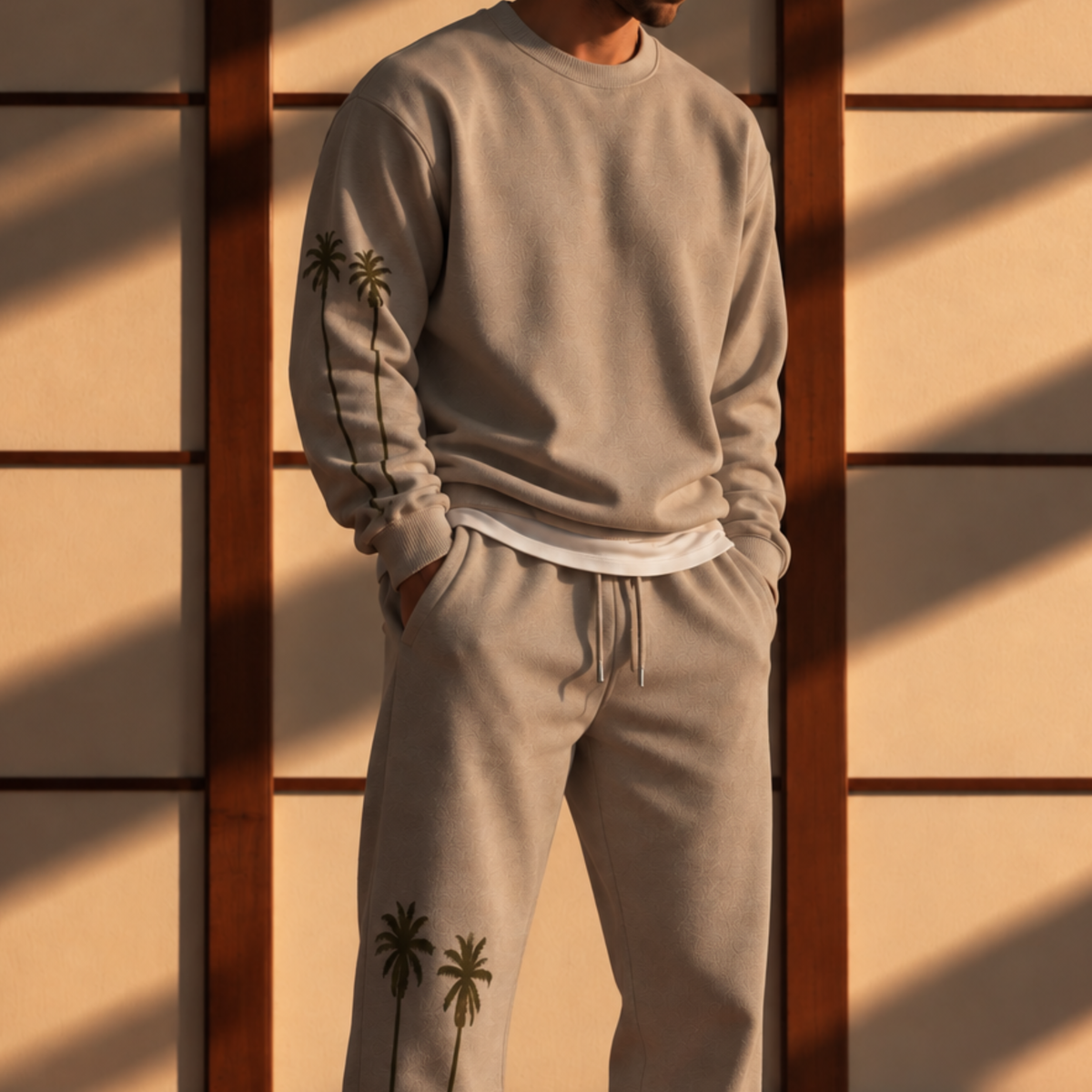 Beach Palm Tree Crew Sweatsuit (Light Gray/Forest Green Palm)