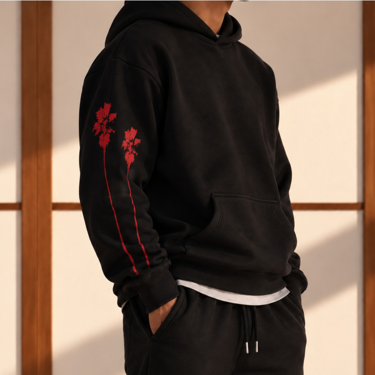 Beach Palm Tree Hoodie Sweatsuit (Black/Red Palm)