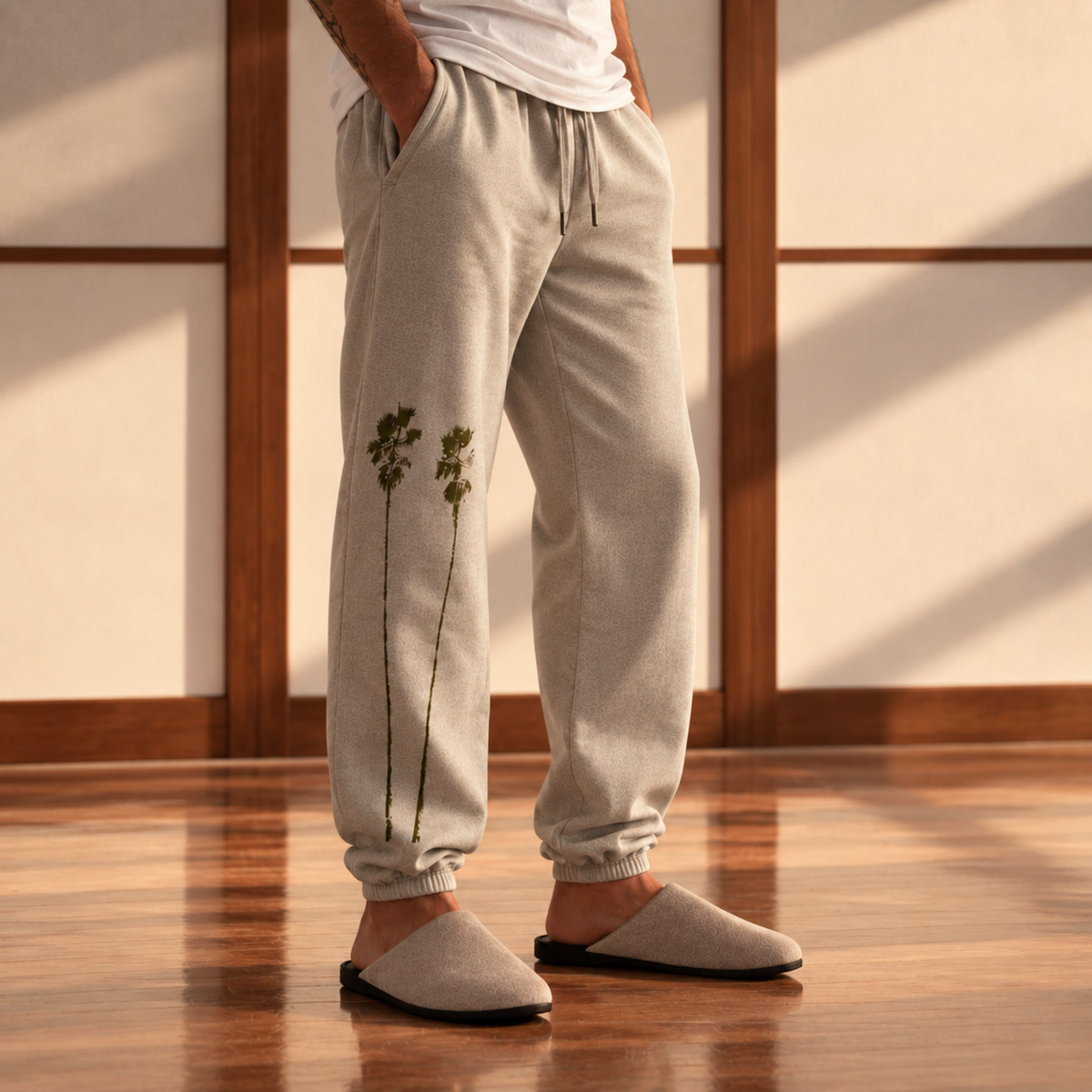 Beach Palm Tree Crew Sweatsuit (Light Gray/Forest Green Palm)