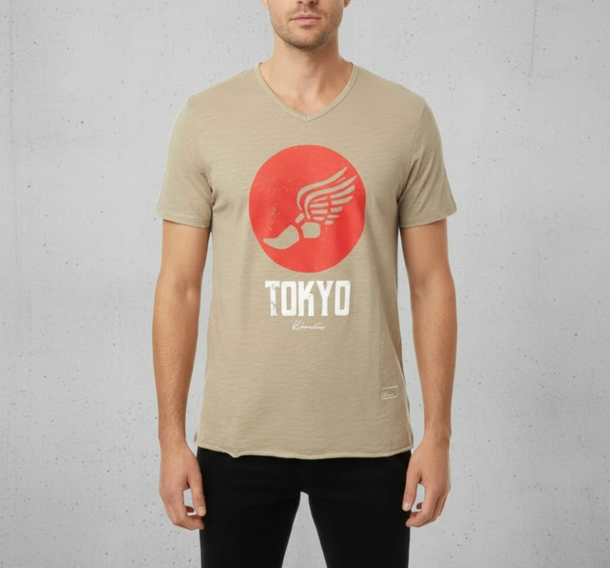 Tokyo on our 4 Corners V-neck (Khaki)