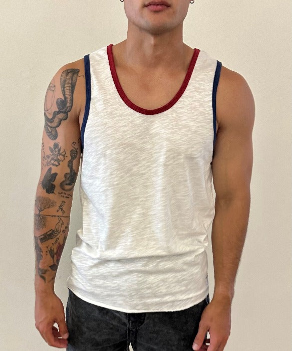 Independence Tank (White with wine red and navy trim) 100% USA COTTON