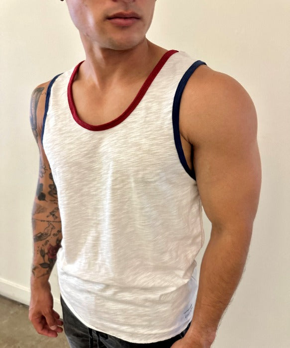 Independence Tank (White with wine red and navy trim) 100% USA COTTON