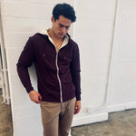 Mammoth Zip Sherpa Hoodie (Wine Red with Cream interior).