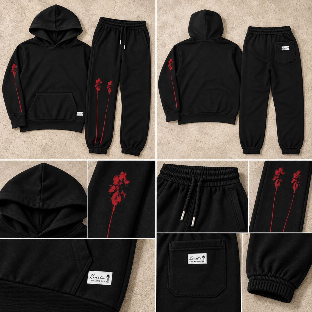 Beach Palm Tree Hoodie Sweatsuit (Black with Wine Red Print)