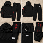 Beach Palm Tree Hoodie Sweatsuit (Black with Wine Red Print)