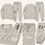 Beach Palm Tree Crew Sweatsuit (Light Gray with Forest Green Print)