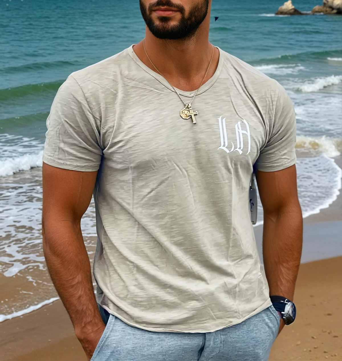 "LA" on 4 Corners V-neck (Khaki)
