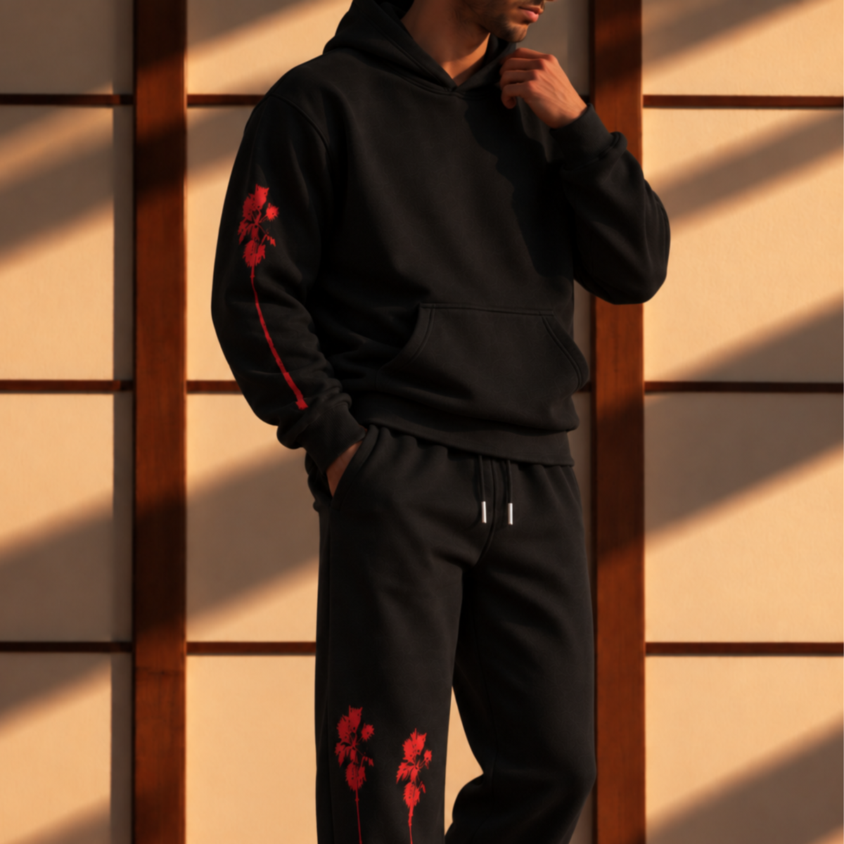 Beach Palm Tree Hoodie Sweatsuit (Black/Red Palm)