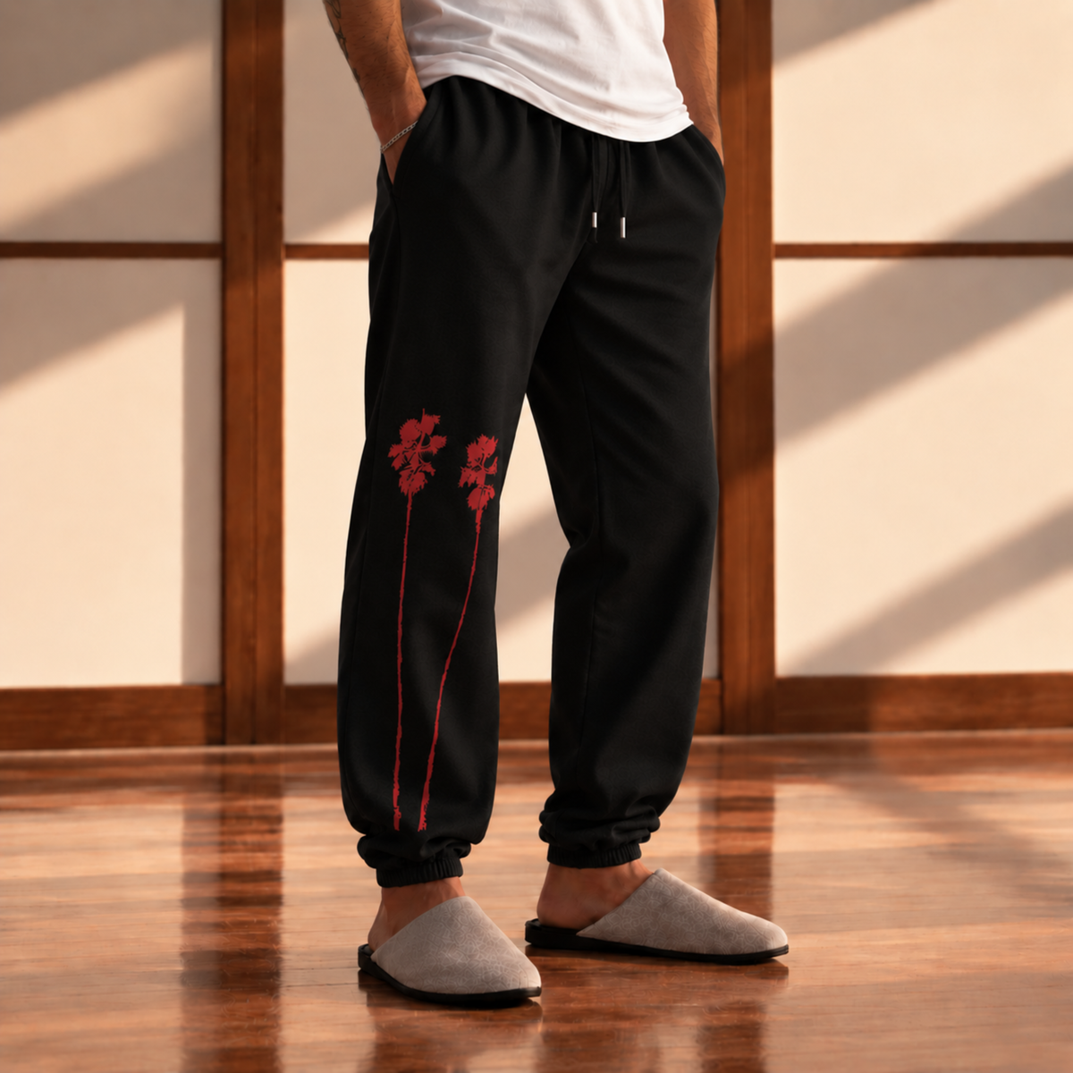 Beach Palm Tree Hoodie Sweatsuit (Black/Red Palm)
