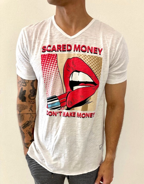 "SCARED MONEY DON'T MAKE MONEY" on 4 Corners V-neck (White) 100% USA COTTON